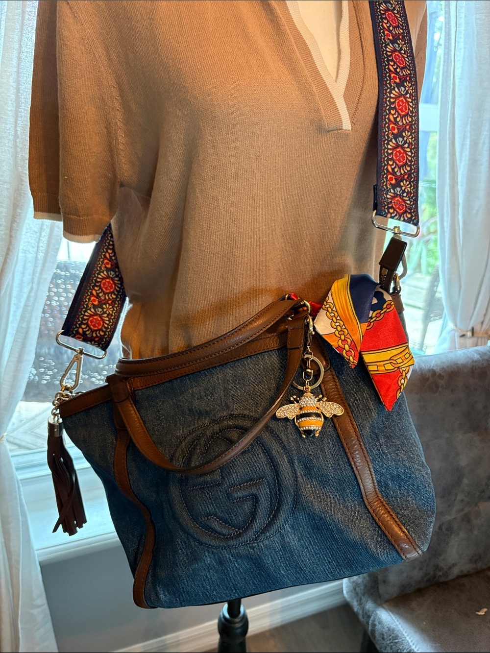 Gucci Soho Denim Shoulder 2way Tote with Brown Leather Trim, with accessories!!